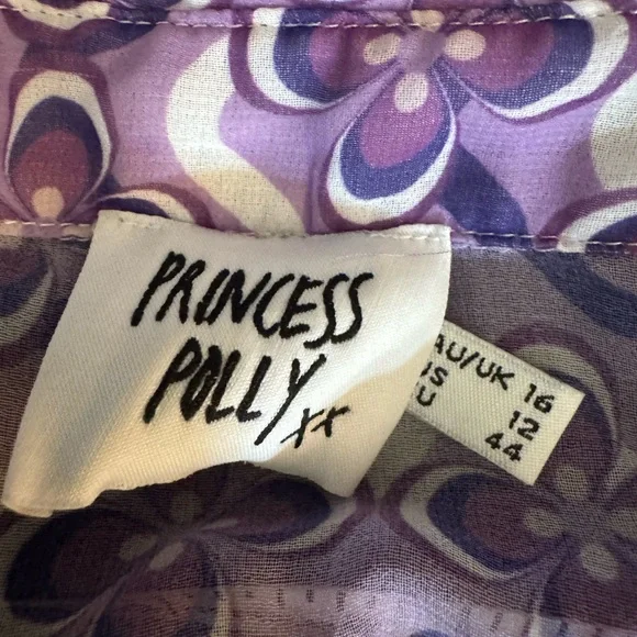 Princess Polly Purple Retro Floral Button Up Sheer Long Sleeve Blouse US 12 - Picture 3 of 7